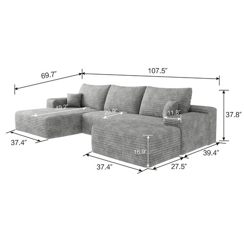 107" U Shape Left Facing Chaise Sectional Cloud Couch with Ottoman Boneless Sofa - Picture 2 of 54