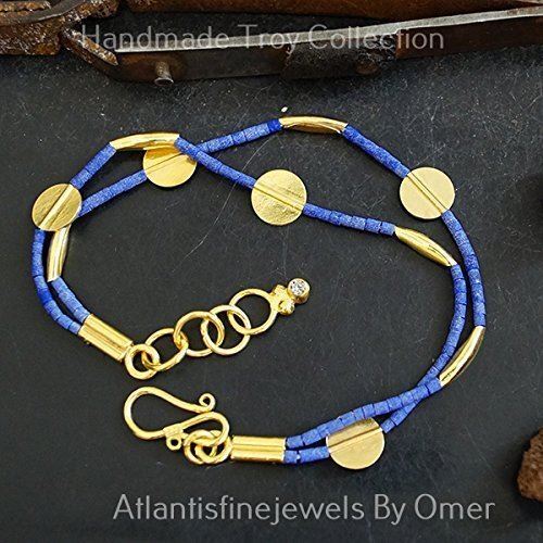 925 Silver 2 Strand Blue Lapis Troy Gold Bracelet W/ Add Links Handmade By Omer - Picture 1 of 3