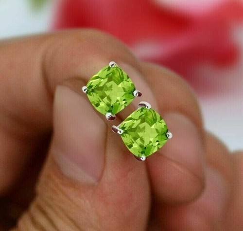 1Ct Cushion Lab Created Green Peridot Women's Stud Earring 14K White Gold Plated - Picture 3 of 7