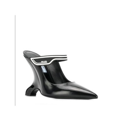 PRADA  2019 Spazzolato Leather Jane Sculptural Heel Pumps Black White Logo EU39
