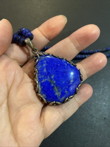 Vintage Sterling Silver 925 Lapis Bead Pendant Necklace - Picture 7 of 10