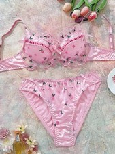 Embroidery Push-Up Balconette Underwired Molded Bra Panties Lingerie Set L NEW