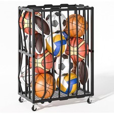 Ball Storage Bin Rolling Sports Ball Cart Metal Organizer Rack for Garage Black