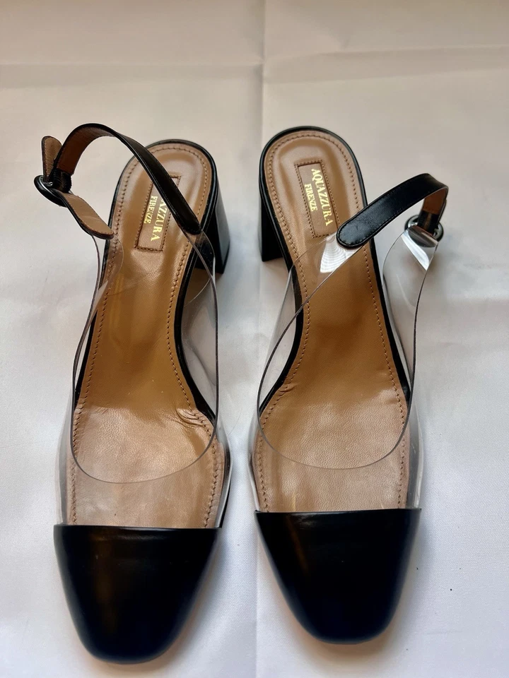 TOTALMENTE NUEVO Aquazurra Óptico Transparente Con Tacones de Cuero Negro Talla 38.5 Foto 2 de 4