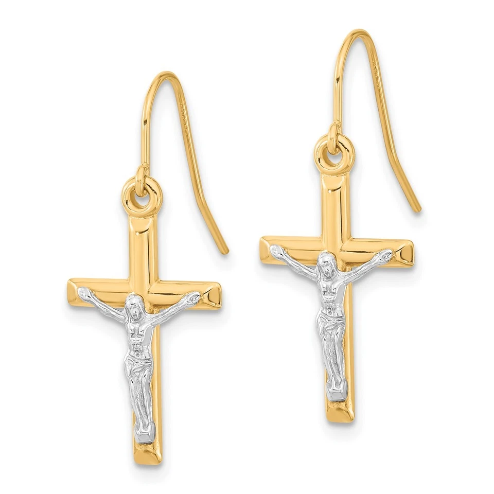 10k Two-tone Gold 28.7mm Polished Crucifix Dangle Earrings - Image 2 of 4