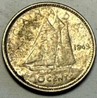 1949 - TEN (10c) CENTS - CANADA - 83.5% SILVER - BLUENOSE