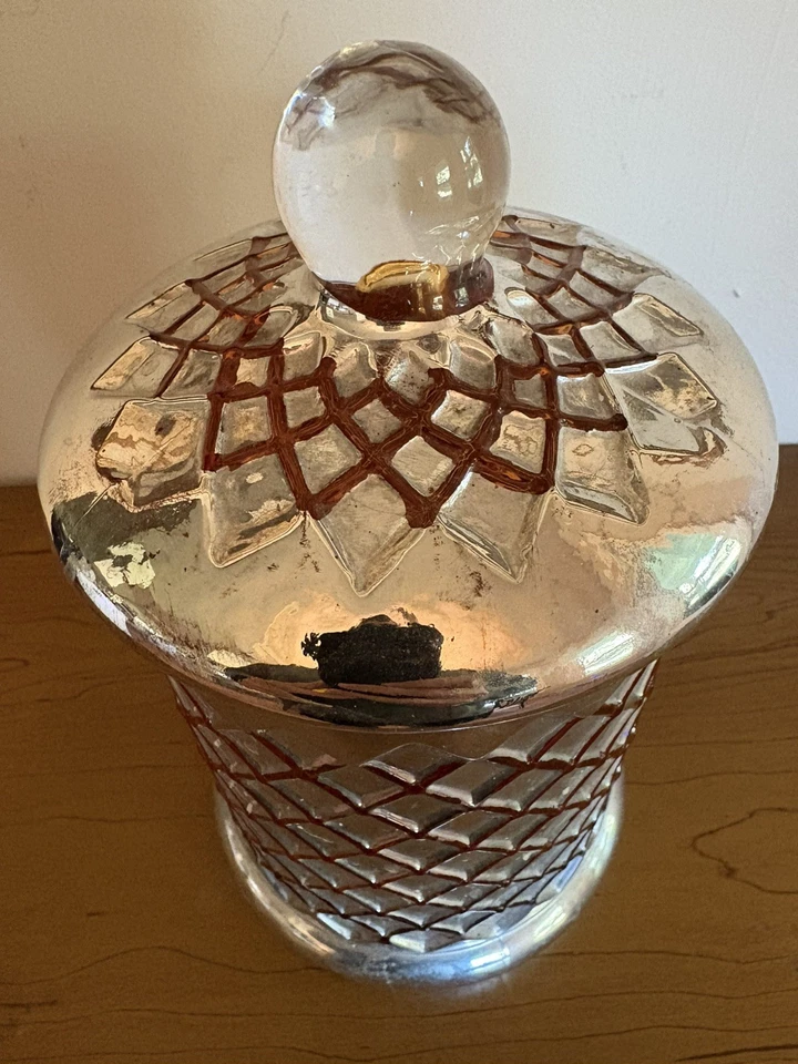 Bote de vidrio cubierto de plata color ámbar envejecido 7”X5” (9X5 con tapa) Foto 2 de 4