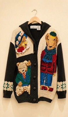 Vintage Eagle's Eye 1994 Hand Knit Teddy Bear Cardigan 90s Collectible Size M