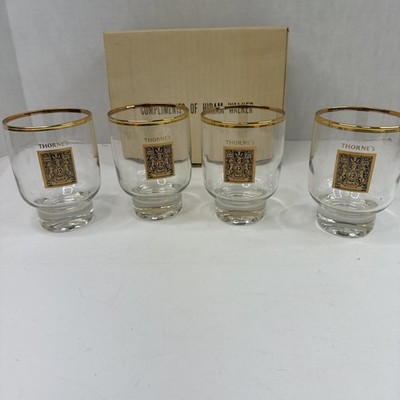 Vintage Thorne's Scotch Whisky Rocks Glasses Gold Rimmed Set (4) Hiram Walker Y4
