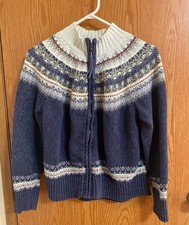 Tiara International Cardigan Sweater Size L Blue Fair Isle Zip