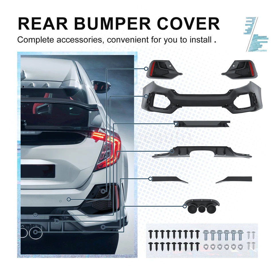 Type R Style Rear Bumper Cover Kit Fit For 2016-2021 Honda Civic Sedan Coupe Foto 2 de 4