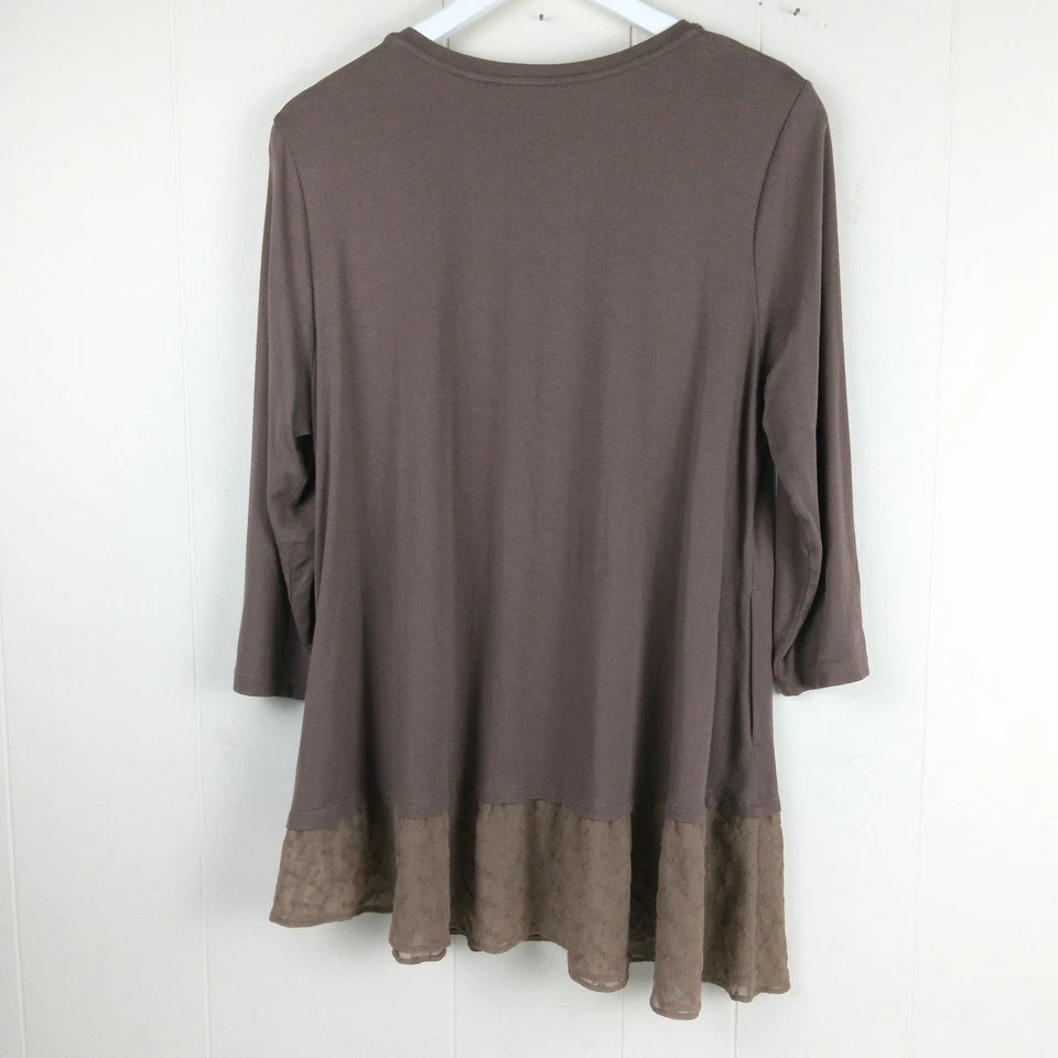 Top túnica mujer LOGO by Lori Goldstein talla L marrón dobladillo asimétrico ribete de encaje Foto 2 de 4