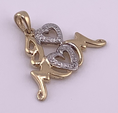 10K Two-Tone Yellow White Gold & Diamond I Love Mom Pendant Charm 1.3G - Picture 2 of 6