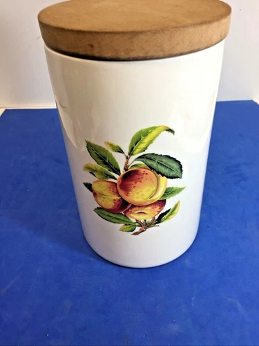PORTMEIRION BOTANIC GARDEN Peaches on Stem CANISTER w/ WOODEN LID 8” tall