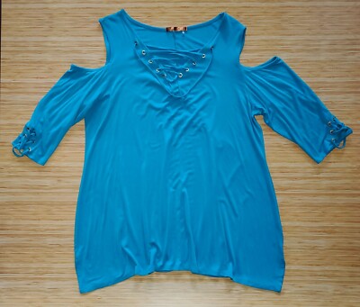 Belldini Lace-up 3/4-Sleeve Top Turquoise w/Peekaboo Slv Cold Shoulder 2X preown