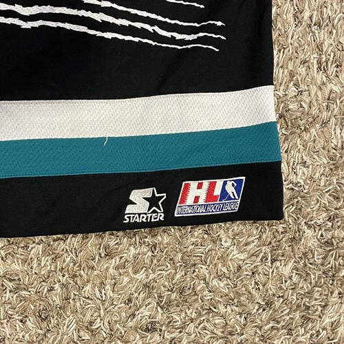 Vintage Starter Denver Utah Grizzlies Hockey Jersey IHL Mens M Black Teal - Picture 6 of 12