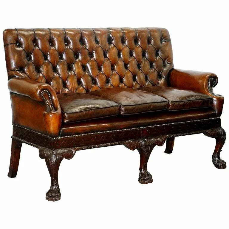 VICTORIAN GEORGIAN IRISH BROWN LEATHER CHESTERFIELD SOFA LION HAIRY PAW FEET