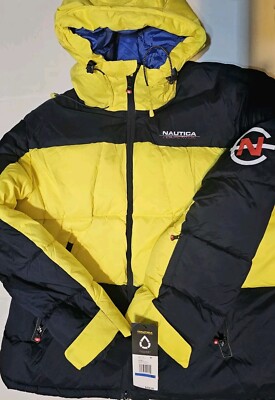 Vintage Nautica Stripe Colorblock Logo Reversible Puffy Down Jacket Size XL 90s