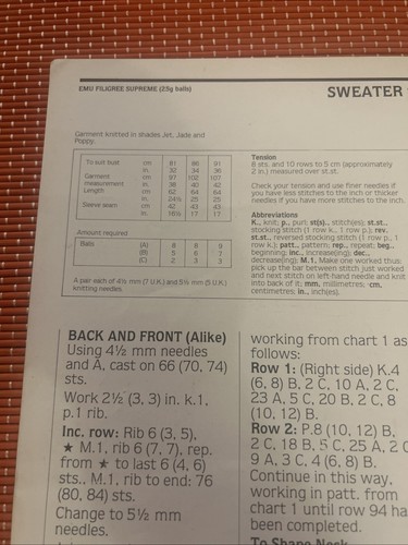 WOMENS EMU FILIGREE SUPREME MOHAIR JUMPER 32”-36” VTG 80’s KNITTING PATTERN 3941 - Picture 2 of 3