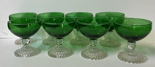 Set of 8 Vintage Anchor Hocking Green Bubble Foot Champagne/Sherbet Glasses 4"