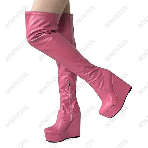 Damen Plateau Overknee Stiefel seitlicher Reißverschluss Keilabsatz runde Spitze violett  - Bild 8 von 26