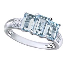 Three Stone Engagement Ring in 925 Sterling Silver Simulated Aquamarine CZ