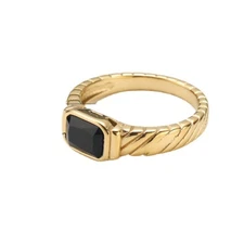 Women's Jewelry 18K Gold Plated Stainless Steel Black Onyx Twill Ring Size 6-10