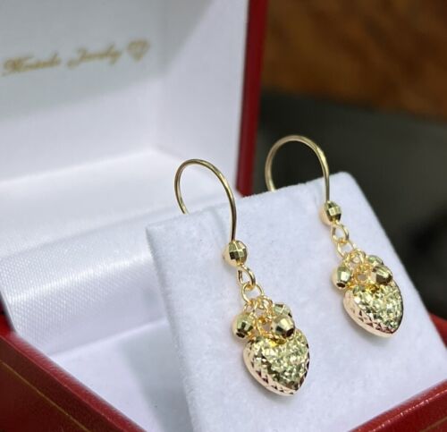 18k Solid Yellow Gold Heart Dangle Leverback Earrings, Diamond Cut 2.06 Grams - Picture 2 of 6