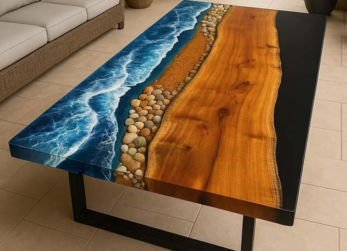 Ocean Epoxy River Dining Table | Handmade Beach Resin Wood Center Table Art Deco - Picture 4 of 15