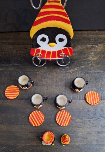 Vintage Playful Penguin Miniature Tea Set Red/Yellow 11 Pieces - Picture 4 of 11