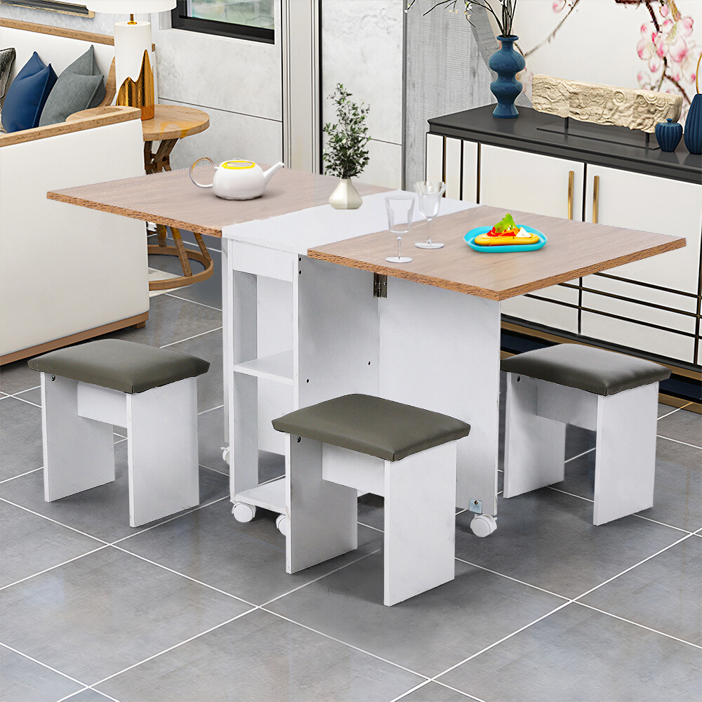 Rolling Drop Leaf Dining Table &4 Stool Kitchen Folding Table