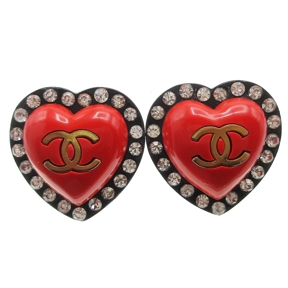Chanel Heart Rhinestone Earrings Clip-On Red Black 95P 58084 Chanel Heart Rhinestone Earrings Clip-On Red Black 95P 58084