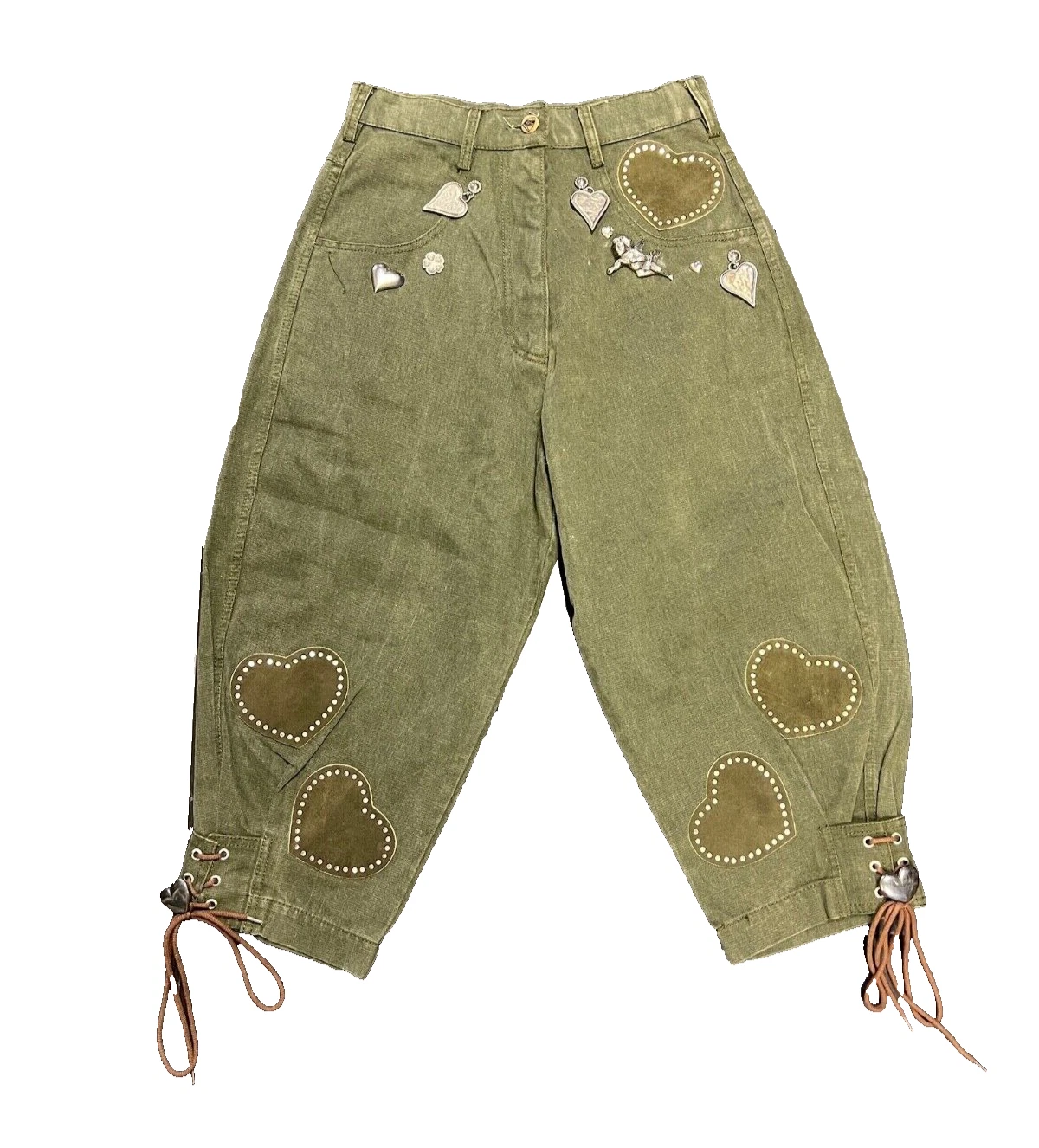 Vintage Patchwork Silver Embellished Cupid Green Cropped Pants Capris Size 36