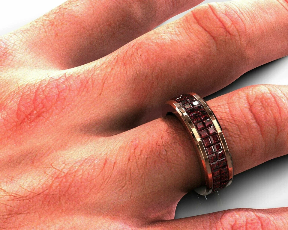 Anillo de alianza de boda princesa simulado rubí rosa para hombre acabado de oro rosa de 14 quilates de 2 quilates Foto 2 de 4