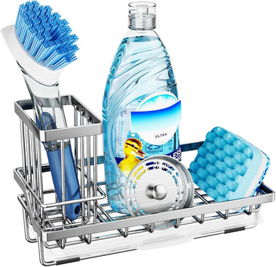 Consumest Sink Caddy, Kitchen Sponge Holder with Dish Brush Medium, A-silver 