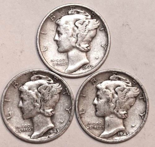 (3) Mercury Dimes - 1940S 1943S 1945S - VF/XF - #0554ED - FREE SHIPPING