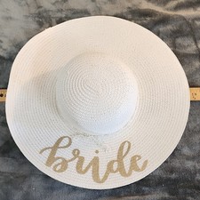 White Wide Brim Straw Sun Hat, One Size, Gold Glitter "Bride" Text