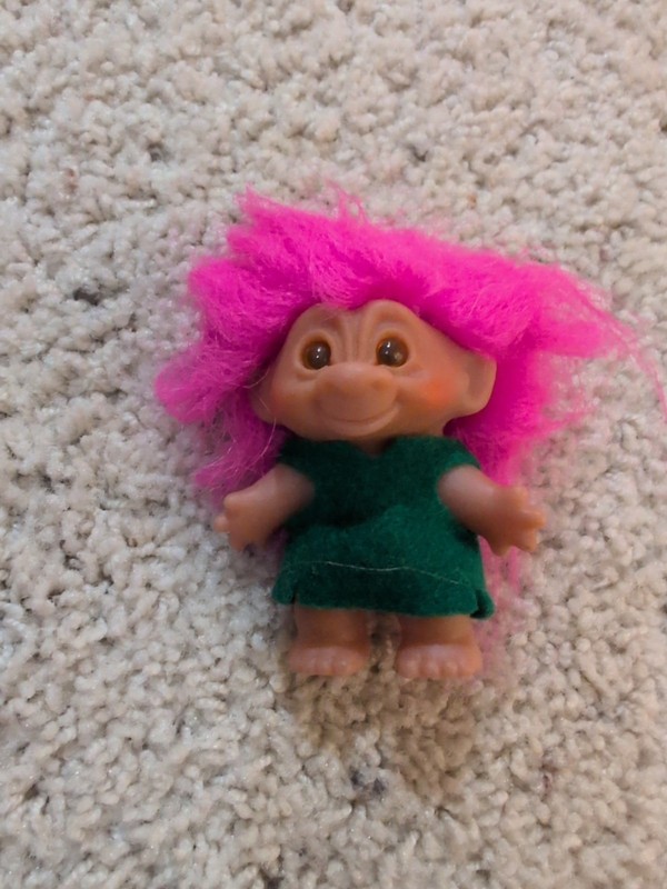Vintage DAM Troll 1980s 1990s Small Pink Hair In Green Felt Tunic Amber Eyes