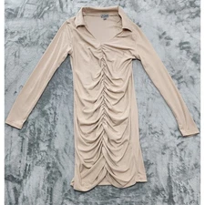 J for Justify Dress Womens L Tan Collared Long Sleeve Ruched Bodycon Stretch