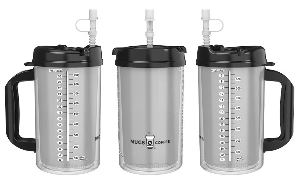 32 oz Black Hospital Mug - Insulated Cold Drink Travel Cup with Straw and Lid - USA Made