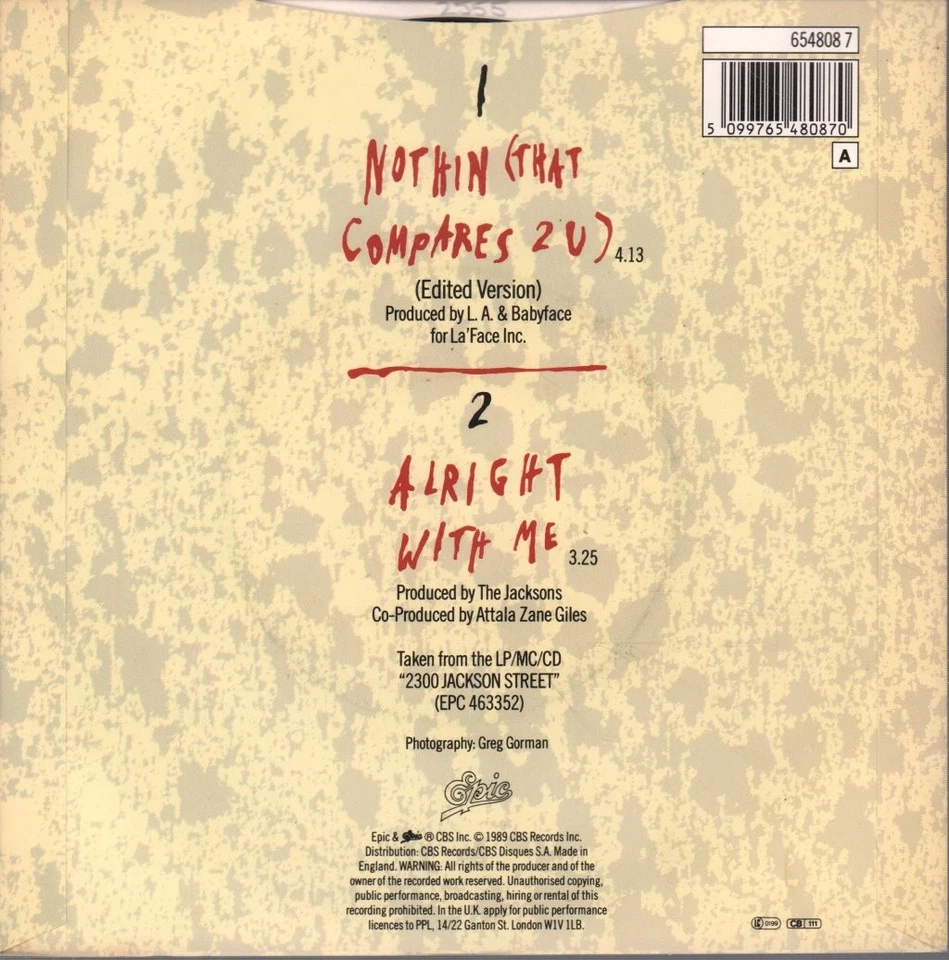Jacksons (Us Group) Nothin That Compares 2 U 7" vinyl UK Epic 1989 Edited - Image 2 of 2