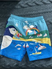 Mini Boden Boys 11-12Y Puffer Penguin Print Lined Swim Trunks Suit Board Shorts