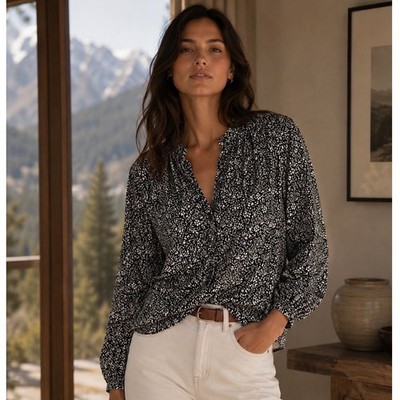 Outerknown Folk Shirt Womens XS Black White Floral Organic Cotton Button Top