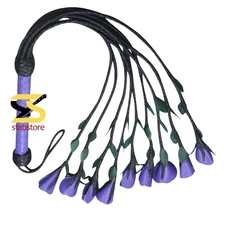 Handmade Real Cowhide Leather Flogger with 9 Braided Tails and Purple Rose Desig
