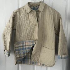 LL Bean Collared Quilted Barn Chore Jacket Tan Plaid Lining Button Front S READ