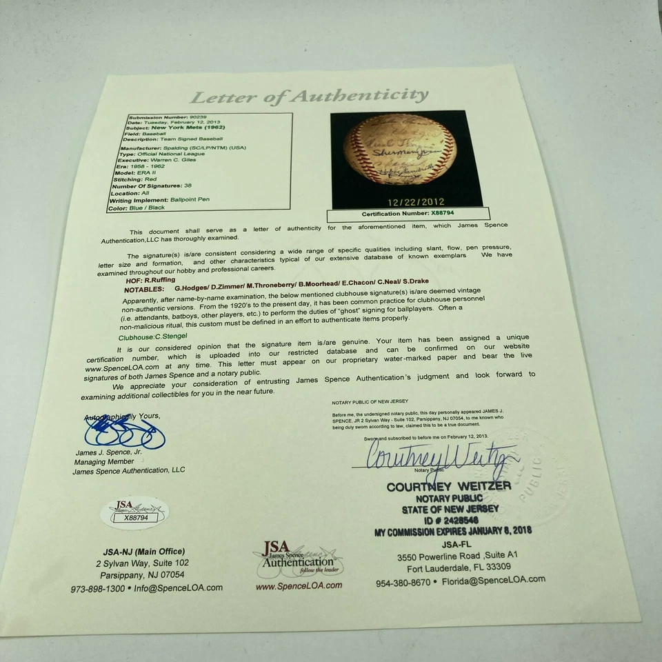 1962 New York Mets Inaugural Season Team Signed Baseball With Gil Hodges JSA COA - Image 3 of 4