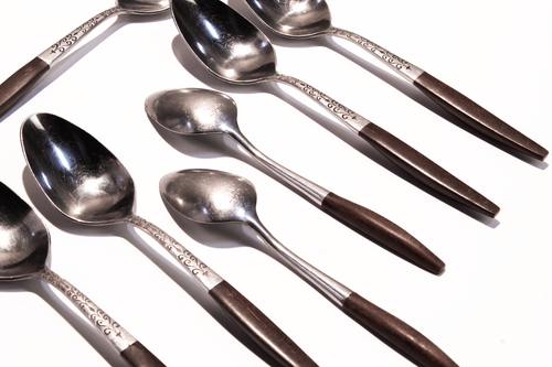 IMPERFECT Interpur Stainless Synthetic Wood MCM Japan Lot Soup Spoon 7 pcs - Picture 3 of 3