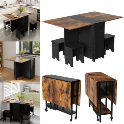 ARTIFICAL-GARLAND-WREATH Folding Wooden Vintage Drop Leaf Butterfly Dining Table W/ wheels & 4 Chairs