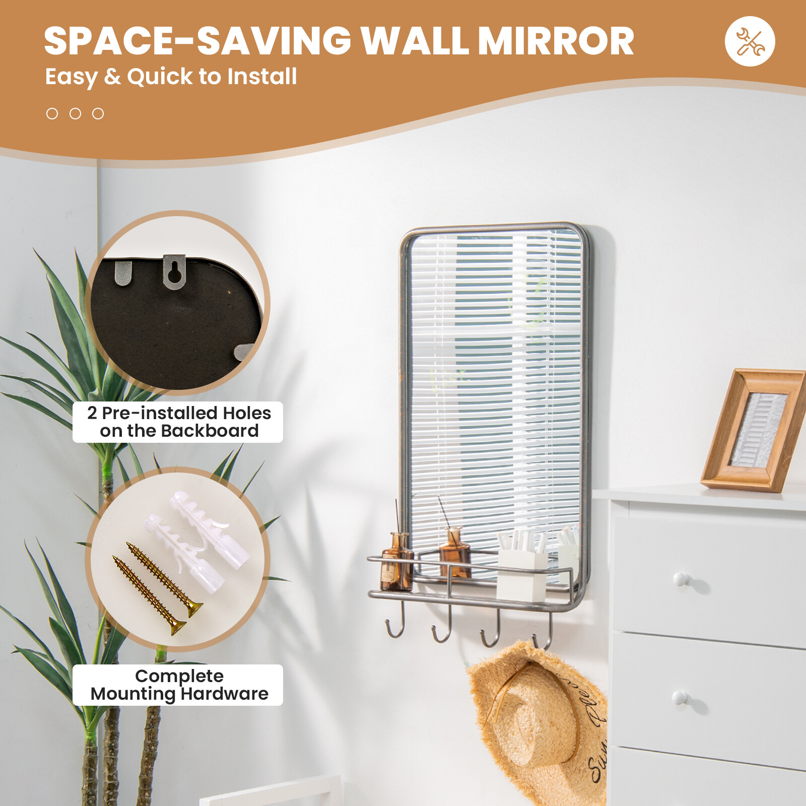 Wall Bathroom Mirror w/ Shelf Hooks Sturdy Metal Frame for Bedroom ...