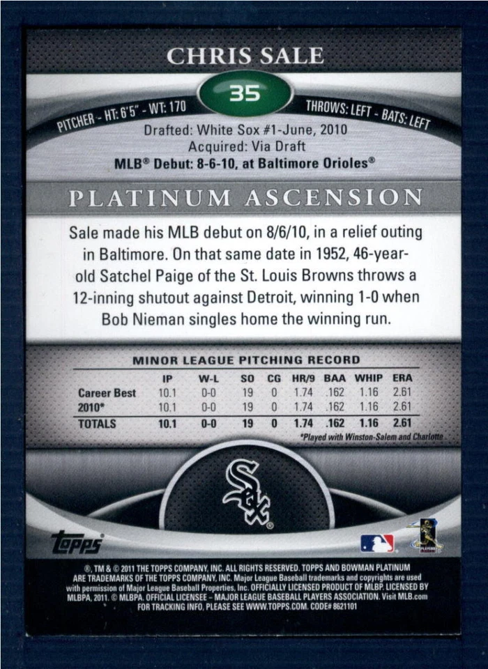 2011 Bowman Platinum #35 Chris Sale RC Rookie Chicago White Sox Baseball Card - Image 2 of 2
